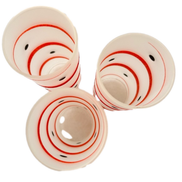 3 Vintage Frosted Highball Tumbler Glasses MCM Red Stripe Black Polka Dots - Picture 4 of 6